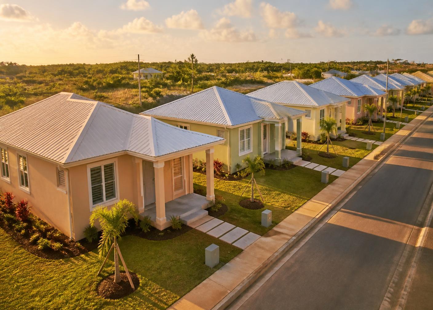 A row of newly built pastel Caribbean homes with metal roofs at sunset