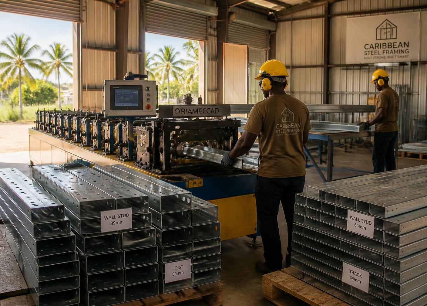 Workers operating a light-gauge steel roll-forming machine in a Caribbean workshop
