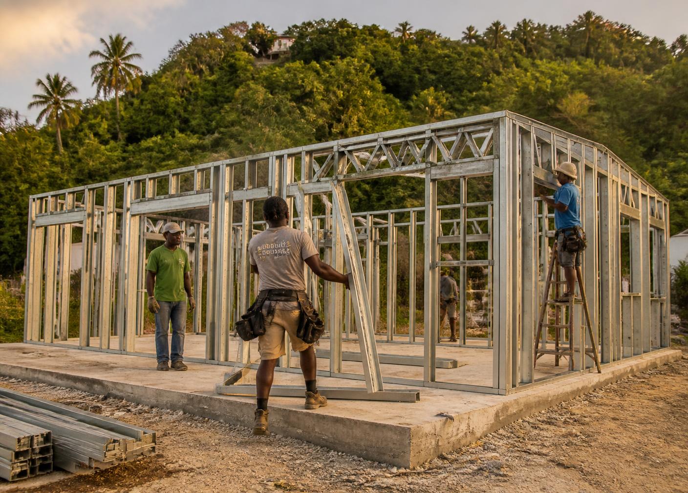 A crew assembling a light-gauge steel house frame on a concrete slab in Barbados